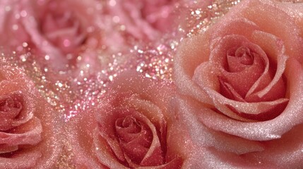 A close-up of a pink rose with glittery petals, set against a shimmering background with a bokeh effect.