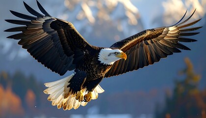 Majestic bird in flight, wings spread, against a mountainous background