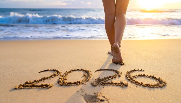 Woman walking on beach, year 2026 in sand