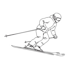 Minimalist black-and-white illustration of skier in motion with poles and helmet. Perfect for winter sports, speed, and active lifestyle content