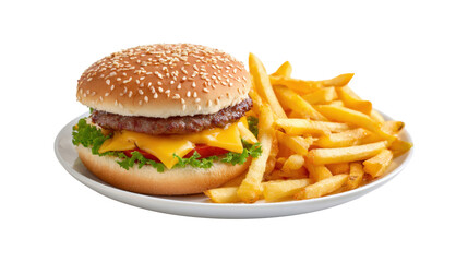 Cheeseburger with french fries on white plate isolated on a transparent background