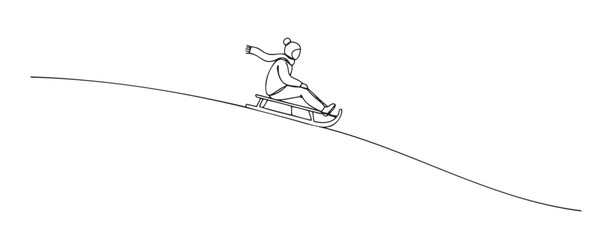Minimalist black-and-white illustration of person sliding down snowy mountain slope on sled. Perfect for winter sports, fun, and family lifestyle content. 