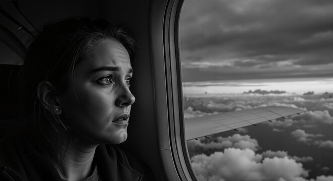 Young woman looks anxious and worried while gazing out of airplane window with clouds in black and white