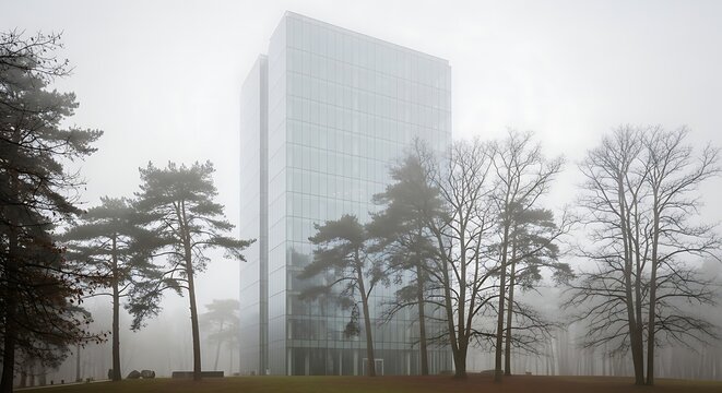 Ethereal Modern Skyscraper Emerges from Misty Autumn Forest Landscape. - Powered by Adobe