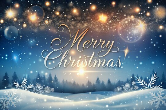 Magical snowy forest scene with merry christmas lights and wishes