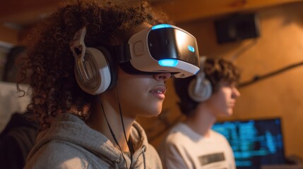 A young person engages with virtual reality gear while friends explore technology beside them.