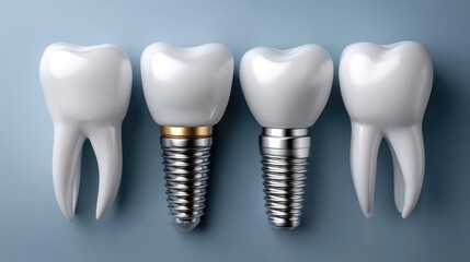 Three dental implants, two resembling natural teeth, are displayed on a clean surface, showcasing advancements in oral care technology