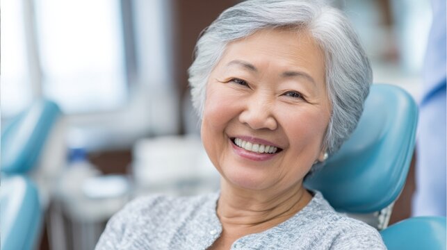 An elderly woman smiles happily while seated in a dental chair enjoying her routine checkup.