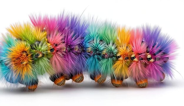 Rainbow fluffy caterpillar close-up isolated on white background
