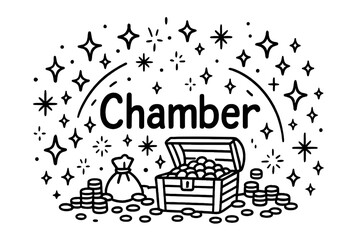 Doodle Treasure Chamber. Doodle treasure chamber with stars, coins, and sparkles, center word &ldquo;Chamber&rdquo; in black and white
