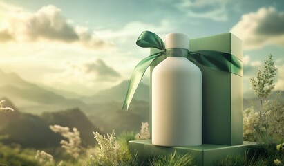 An elegant white shampoo bottle mockup with green ribbon on a gift box against a natural mountain backdrop bathed in soft daylight creating serenity