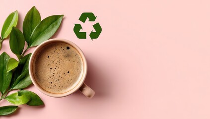 A pale pink surface displays a ceramic coffee cup, filled with dark coffee, surrounded by fresh green leaves, with a recycle symbol present, suggesting sustainability and mindful consumption.