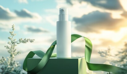 An elegant white spray bottle mockup with green ribbon in front of a podium against nature and sky backdrop bathed in soft daylight