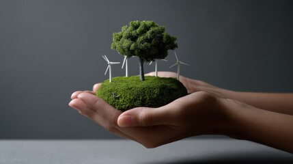 Hands hold tiny green island with tree and windmills symbolizing environmental awareness and renewable energy concept