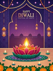 Diwali artwork with decorative lamps and radiant background for celebration.