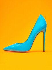 Blue high heel stiletto shoe on bright orange background