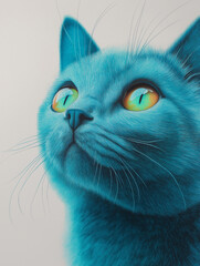 Close-up portrait of blue cat with yellow eyes on light background