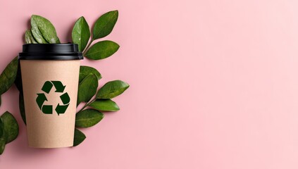Recyclable coffee cup sits amidst vibrant greenery on a pastel pink backdrop, showcasing an eco-friendly lifestyle.