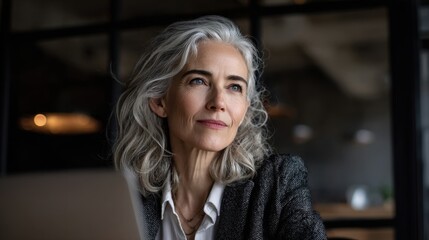 Fototapeta premium A woman with silver hair sits pensively in a comfortable cafe while sipping coffee.
