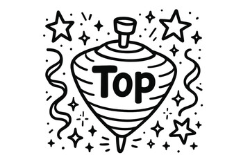Whirling Starry Top. Doodle spinning top square with stars, ribbons, and sparkles, center word &ldquo;Top&rdquo; in black and white isolated