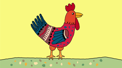 This charming hand-drawn sketch depicts a rooster in a whimsical, childish style. The simple lines and playful, naive look of the drawing convey the innocence and creativity of childhood.