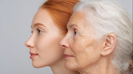 Two women of different ages stand side by side showcasing unique facial features and expressions.