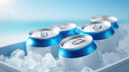 A collection of chilled cans sit on ice capturing the essence of summer relaxation and enjoyment.