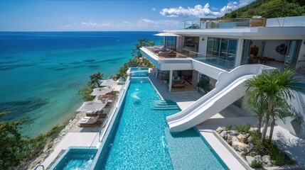 Fototapeta premium Luxurious villa overlooks the ocean with a sleek infinity pool and thrilling waterslide on a sunny day.