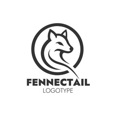 FENNEC TAIL logo with stylized fox head and tail forming circular emblem and sleek monochrome typography