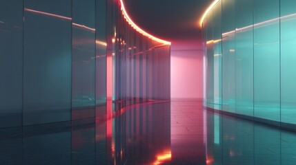 A futuristic, glass-walled corridor with a curved ceiling, illuminated by neon lights, leading to a bright, open doorway at the end.