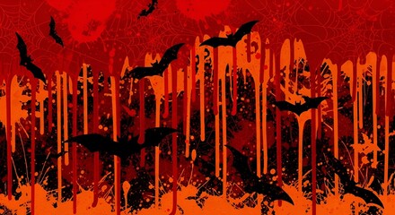 Spooky Halloween night scene with bats flying against a bloody red sky and dripping spiderwebs for thrilling party invitations