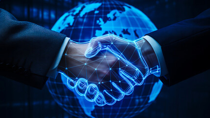 Handshake between businessman and digital hologram representing partnership and technology collaboration
