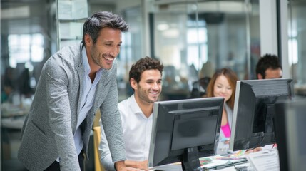 A group of colleagues collaborates around computers exchanging smiles and ideas in a bright office.