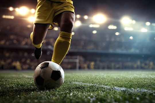 Soccer player's legs wearing yellow uniform and cleats preparing to kick a classic black and white soccer ball on a green grass field during a vibrant night game in a illuminated stadium