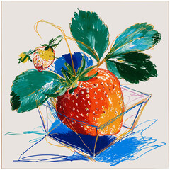 Artistic illustration of ripe strawberry with green leaves in bowl  