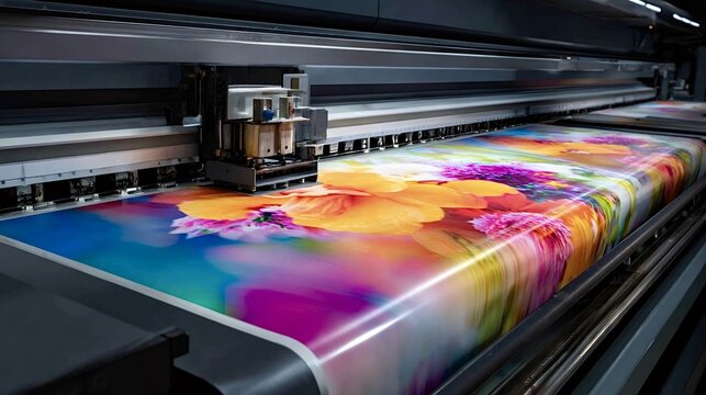Large format inkjet printer applying colorful floral abstract pattern onto a wide roll of material, illustrating modern digital printing technology and industrial production for graphics