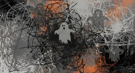 Spooky ghosts floating in abstract tangle for eerie Halloween designs and backdrops this season, perfect for festive promotions