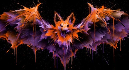 Eerie bat art with vibrant splashes of orange and purple on black, perfect for Halloween designs and spooky themes, a unique abstract graphic