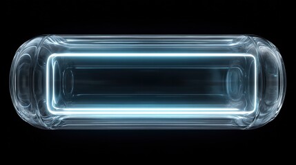 A transparent glass cylinder with a blue neon light inside, placed on a black background.