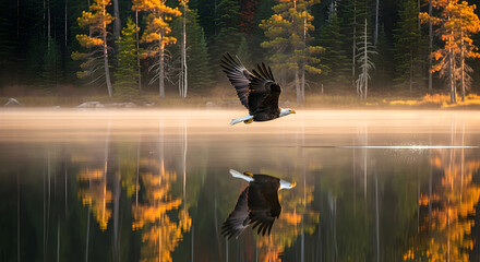 Bald eagle flying over a calm lake reflected in the water with a forest backdrop in the early morning light