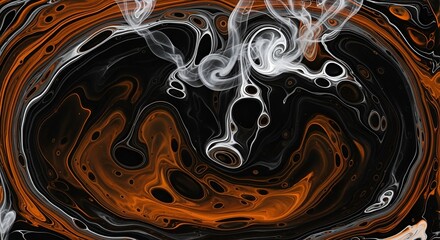 Stunning abstract background with dynamic swirling orange and black paint, perfect for modern designs and vibrant artistic projects