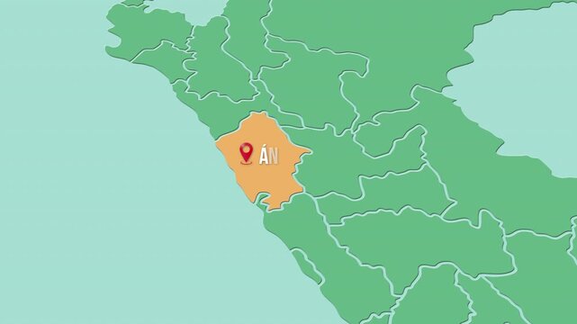 Mapa de Per&uacute; con divisi&oacute;n pol&iacute;tica resaltando el departamento de &Aacute;ncash