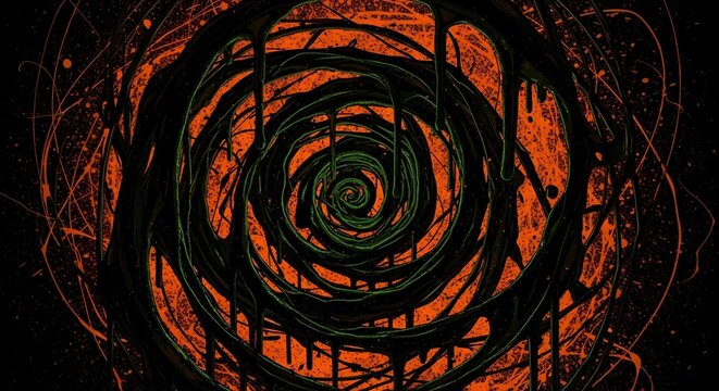 Vibrant abstract spiral with flowing black and green paint against fiery orange background for modern artistic projects and edgy designs