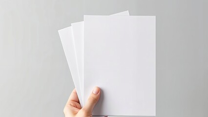 Hand holding blank sheets of paper for mockup presentation, copy space
