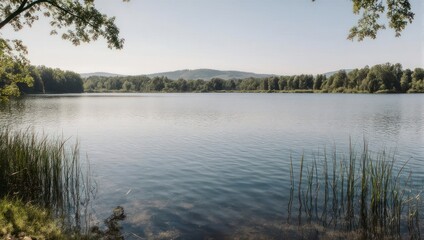 Serene lake scene. Tranquil water reflecting a forested shoreline under a bright sky