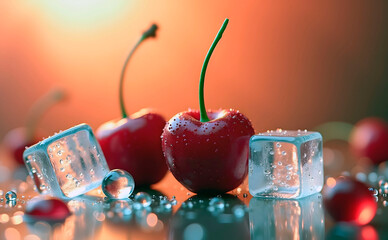 Fresh cherries and ice cubes with water droplets on colorful background, copy space
