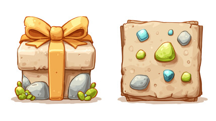 Stylized, cartoon illustration of a wrapped stone box and textured stone slab