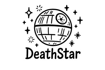 Doodled Death Star. Doodle death star with stars, sparks, and sparkles, center word “DeathStar” in black and white isolated