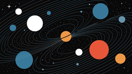Illustration of planets in space with orbital paths and stars in a dark cosmic background view scene