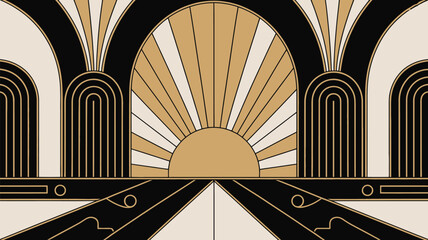 Art deco pattern featuring arches sunburst and geometric shapes in black beige and gold colors